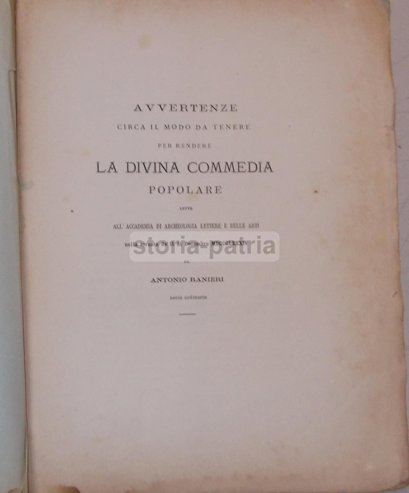 Ranieri: Avvertenze Circa Il Modo Da Tenere Per Rendere La Divina Commedia Popolare (Napoli, 1884)