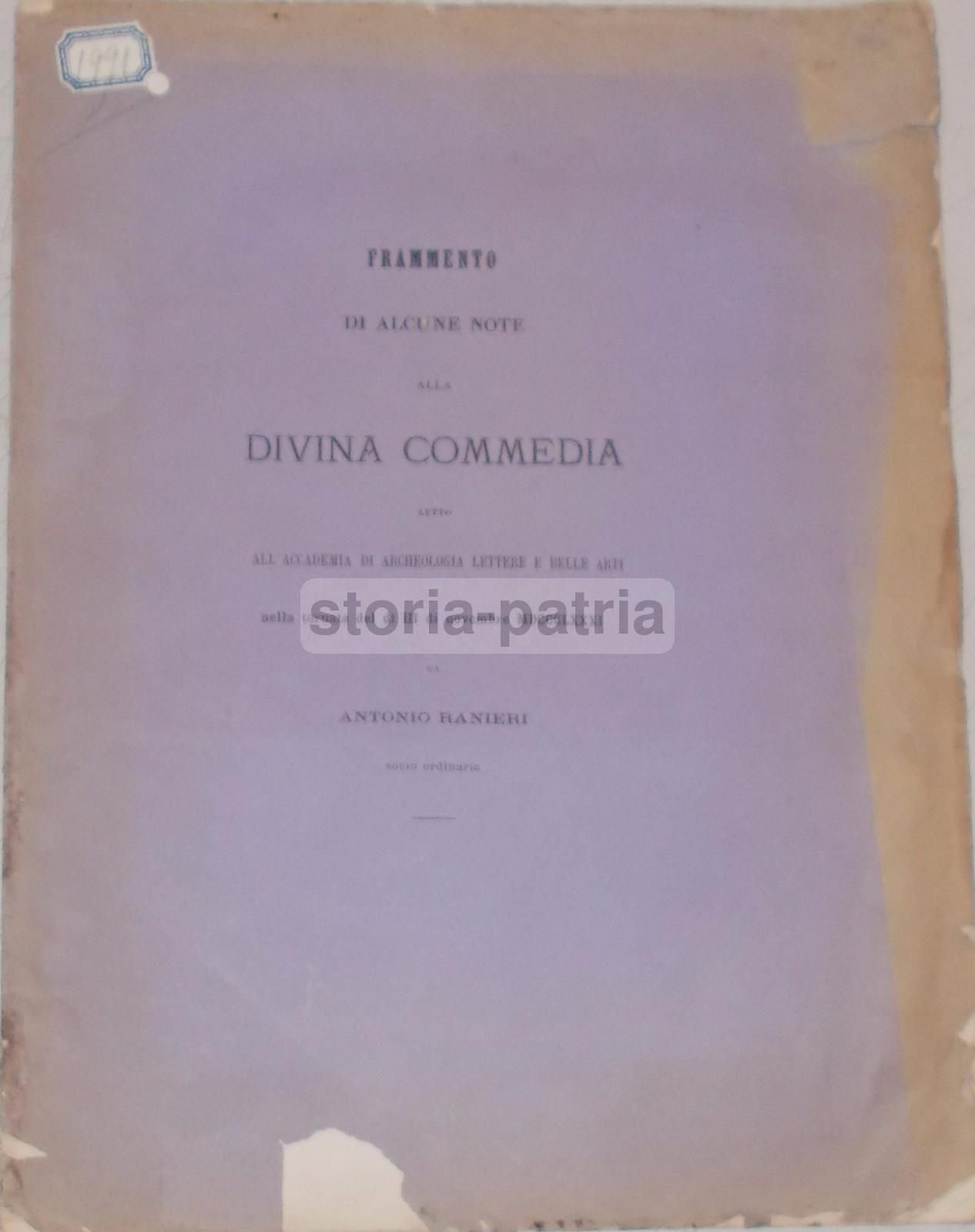 Note Alla Divina Commedia Di Antonio Ranieri, 1881 Napoli