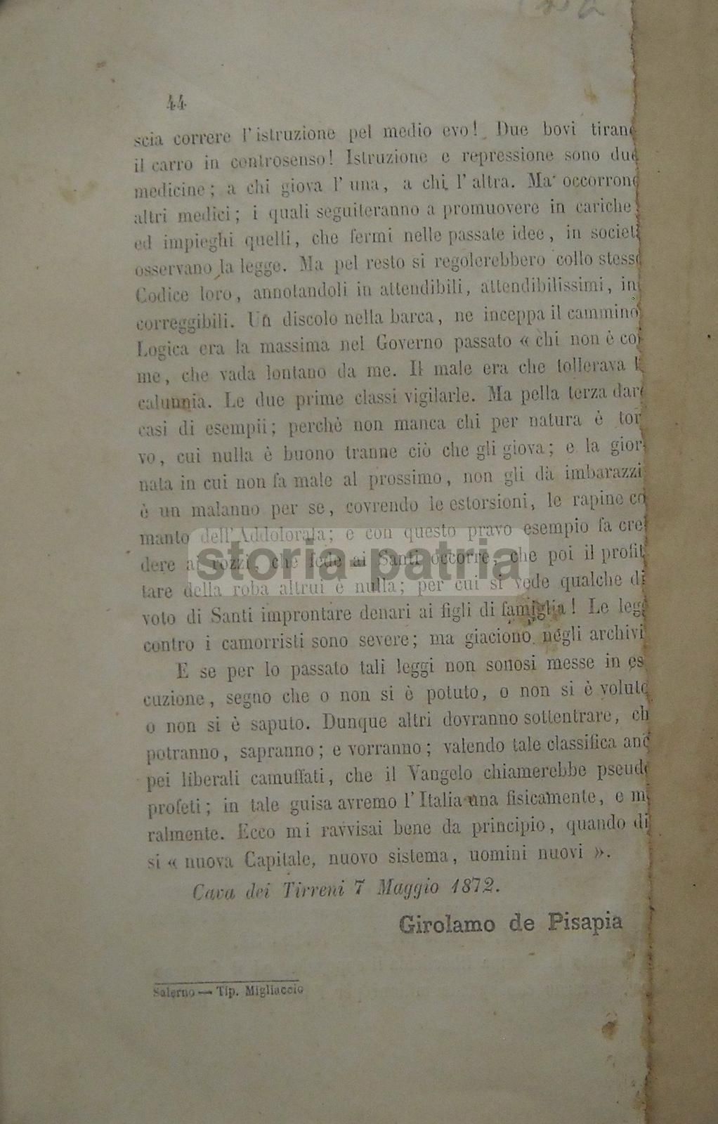 De Pisapia, "Il Fermento Nuovo", 1872, Salerno, Cava De' Tirreni. Raro.