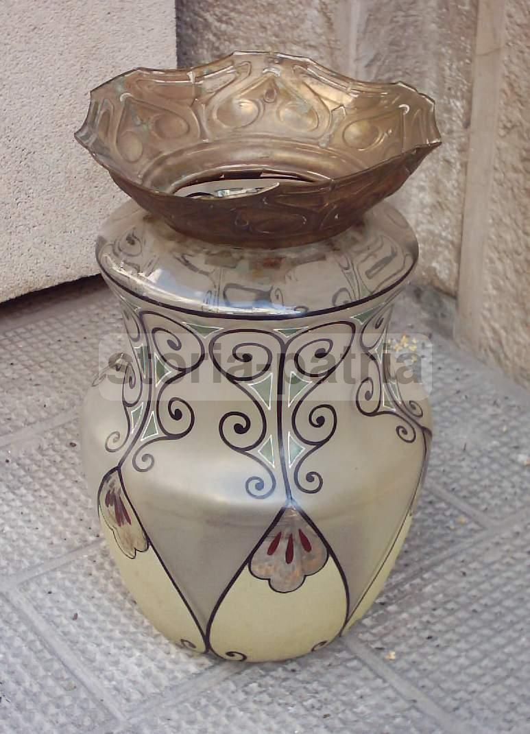 Lampada Liberty In Vetro Decorato E Ottone, Primo '900