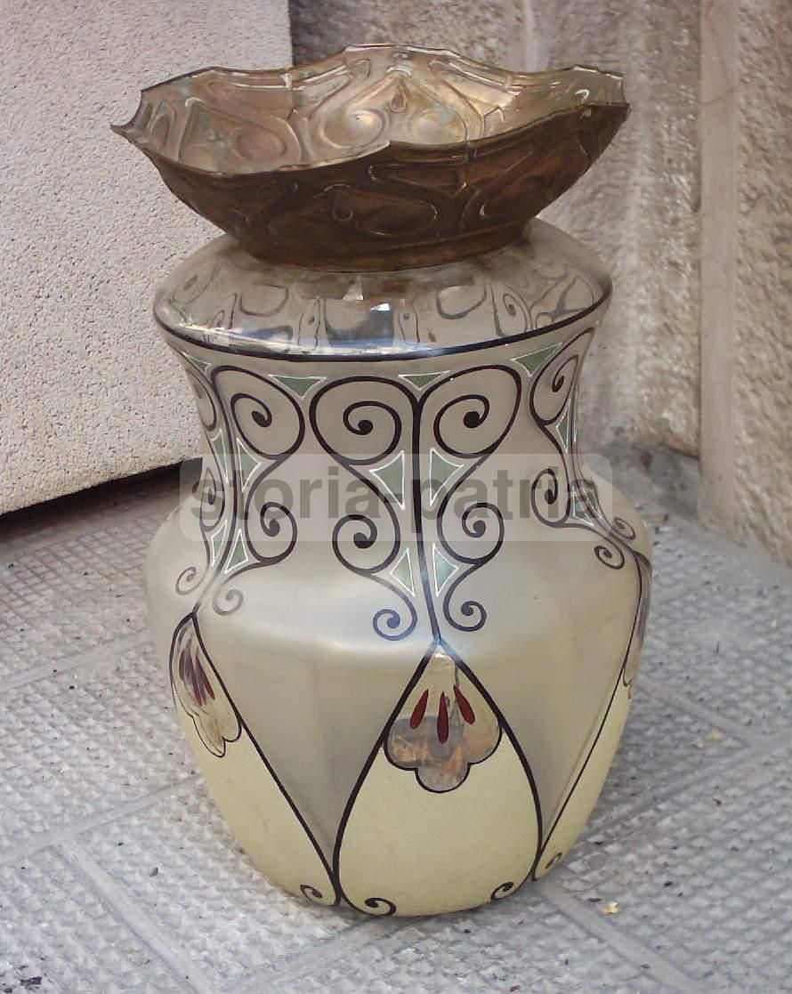 Lampada Liberty In Vetro Decorato E Ottone, Primo '900