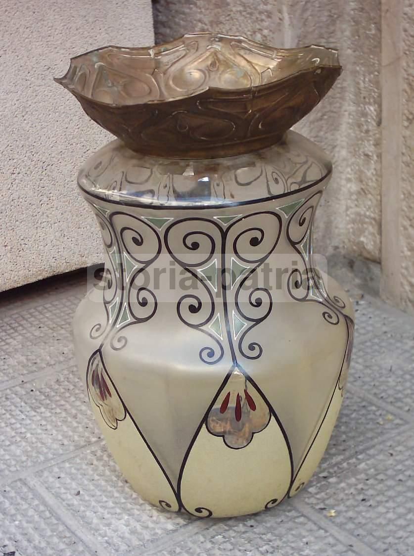 Lampada Liberty In Vetro Decorato E Ottone, Primo '900