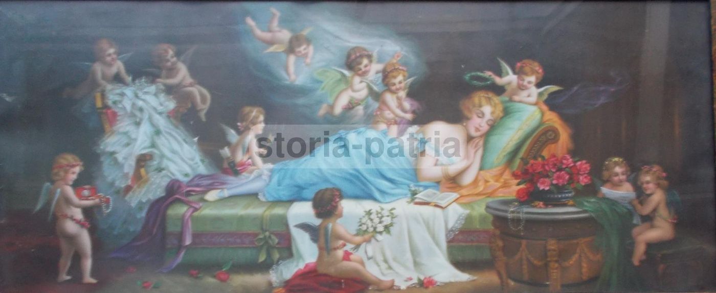 Cromolitografia Allegoria Dell'Amore Con Angeli, Anni '20 Del '900