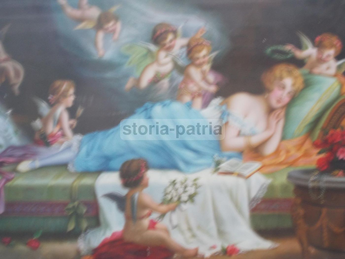 Cromolitografia Allegoria Dell'Amore Con Angeli, Anni '20 Del '900