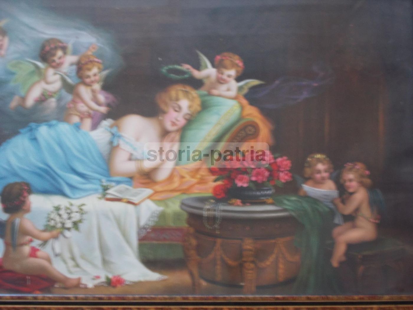 Cromolitografia Allegoria Dell'Amore Con Angeli, Anni '20 Del '900