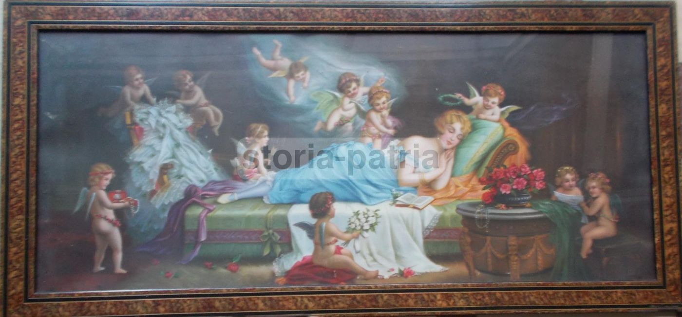 Cromolitografia Allegoria Dell'Amore Con Angeli, Anni '20 Del '900