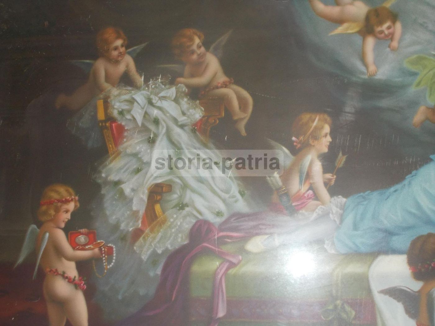 Cromolitografia Allegoria Dell'Amore Con Angeli, Anni '20 Del '900