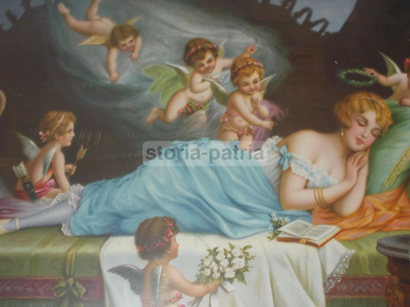 Cromolitografia Allegoria Dell'Amore Con Angeli, Anni '20 Del '900
