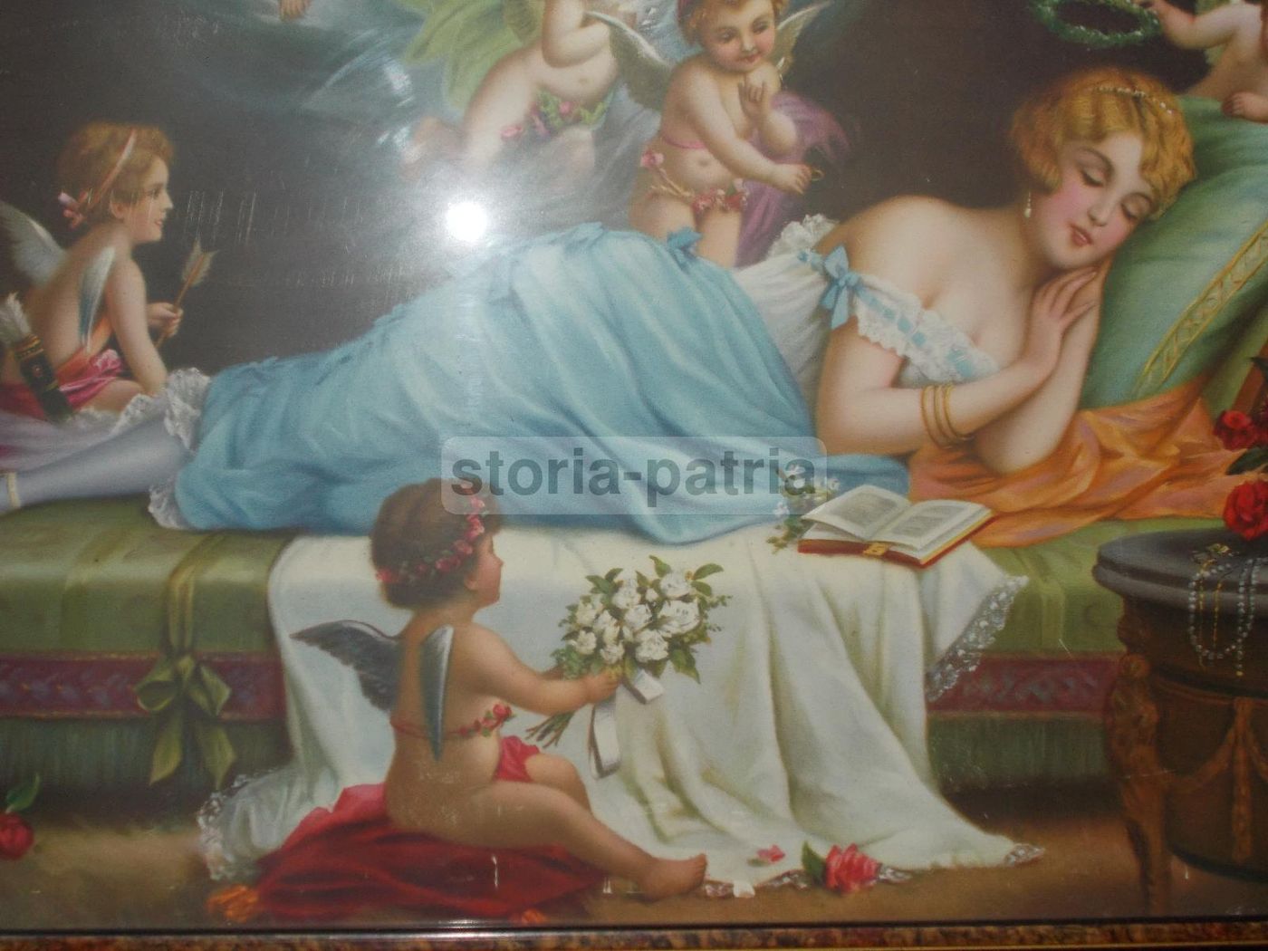 Cromolitografia Allegoria Dell'Amore Con Angeli, Anni '20 Del '900