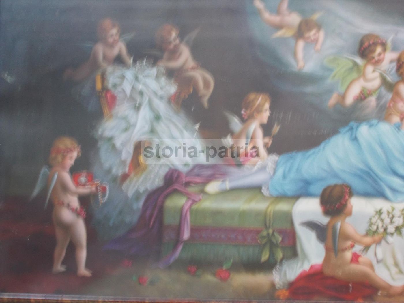Cromolitografia Allegoria Dell'Amore Con Angeli, Anni '20 Del '900
