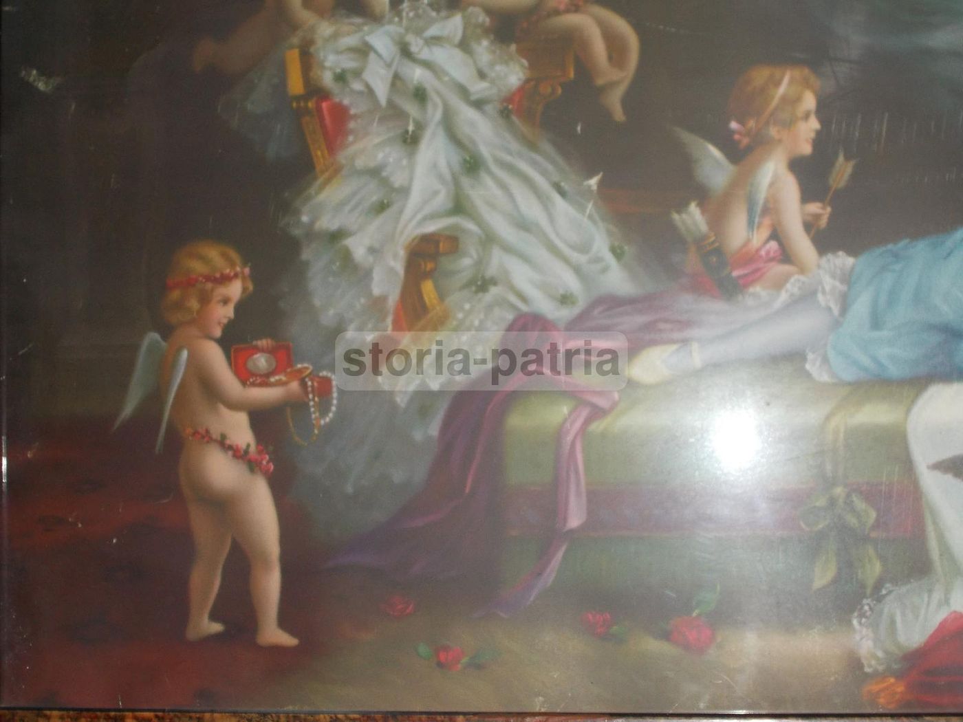 Cromolitografia Allegoria Dell'Amore Con Angeli, Anni '20 Del '900