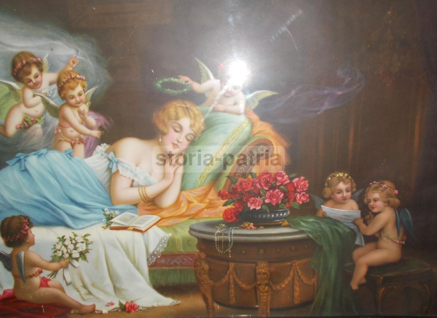 Cromolitografia Allegoria Dell'Amore Con Angeli, Anni '20 Del '900