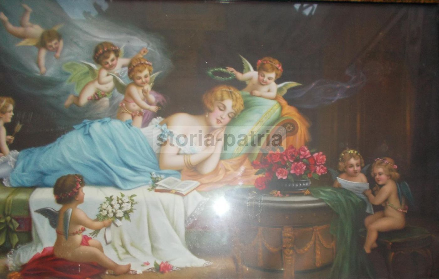 Cromolitografia Allegoria Dell'Amore Con Angeli, Anni '20 Del '900