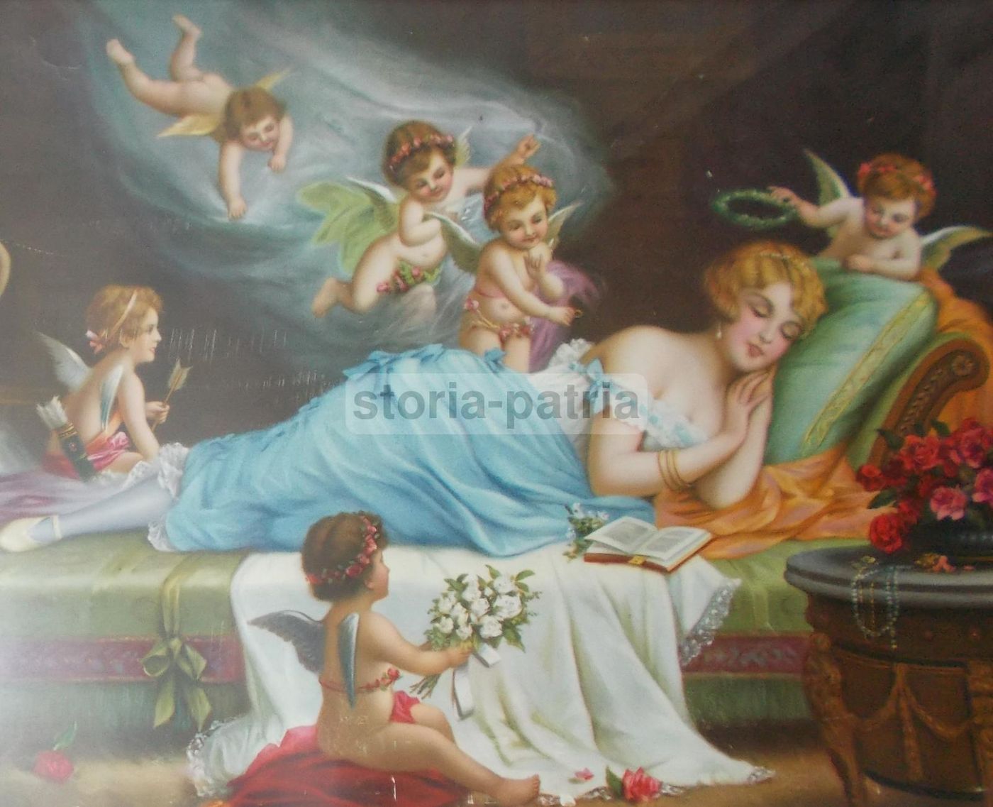 Cromolitografia Allegoria Dell'Amore Con Angeli, Anni '20 Del '900