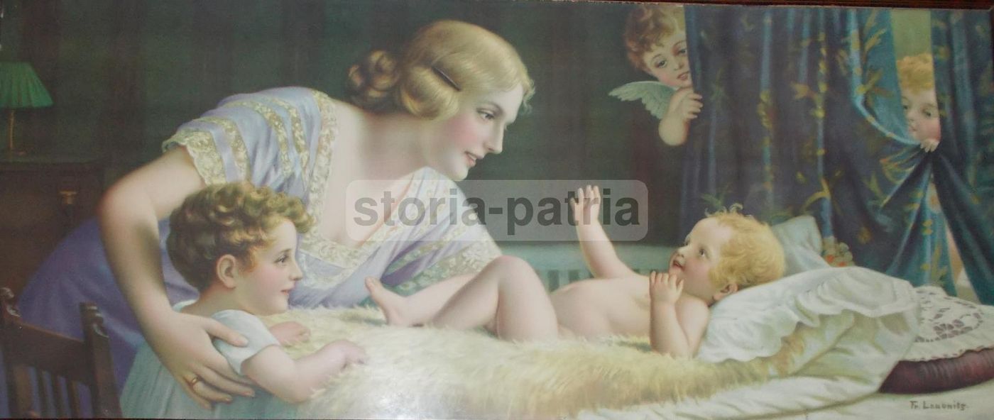 Cromolitografia Maternità, Madre Con Figli E Angeli, Fr. Laubnitz, Circa 1920
