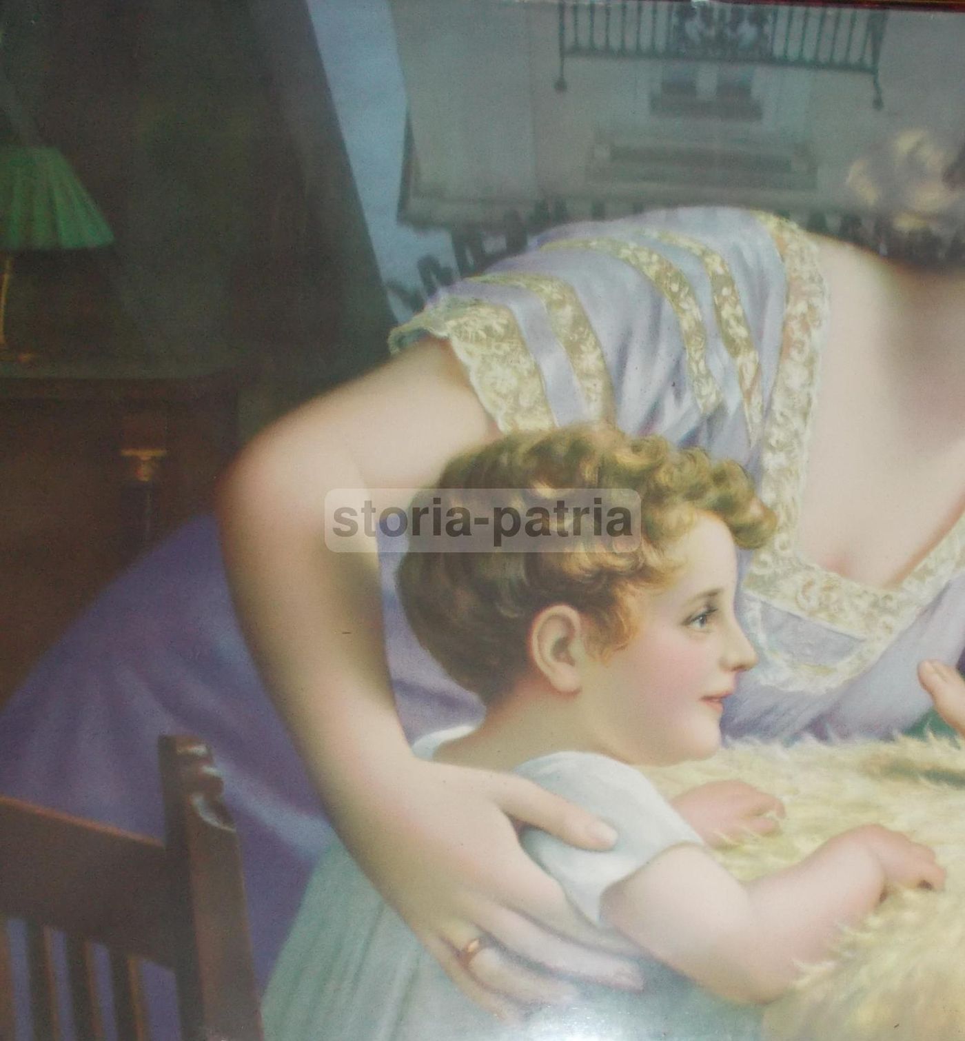 Cromolitografia Maternità, Madre Con Figli E Angeli, Fr. Laubnitz, Circa 1920