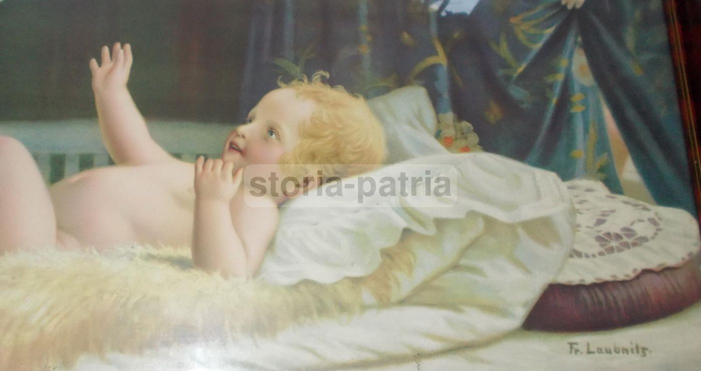 Cromolitografia Maternità, Madre Con Figli E Angeli, Fr. Laubnitz, Circa 1920