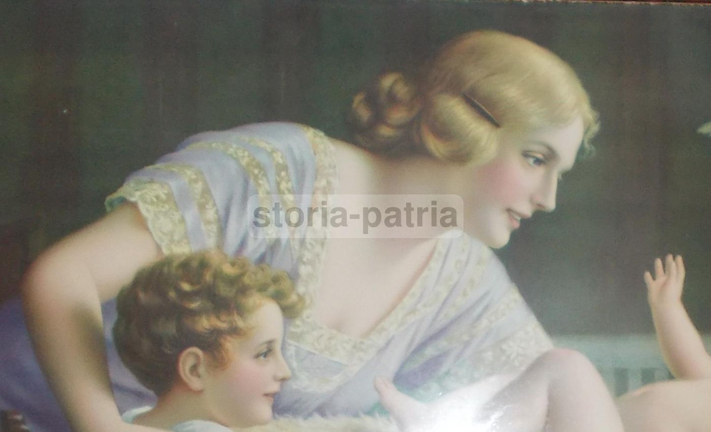 Cromolitografia Maternità, Madre Con Figli E Angeli, Fr. Laubnitz, Circa 1920