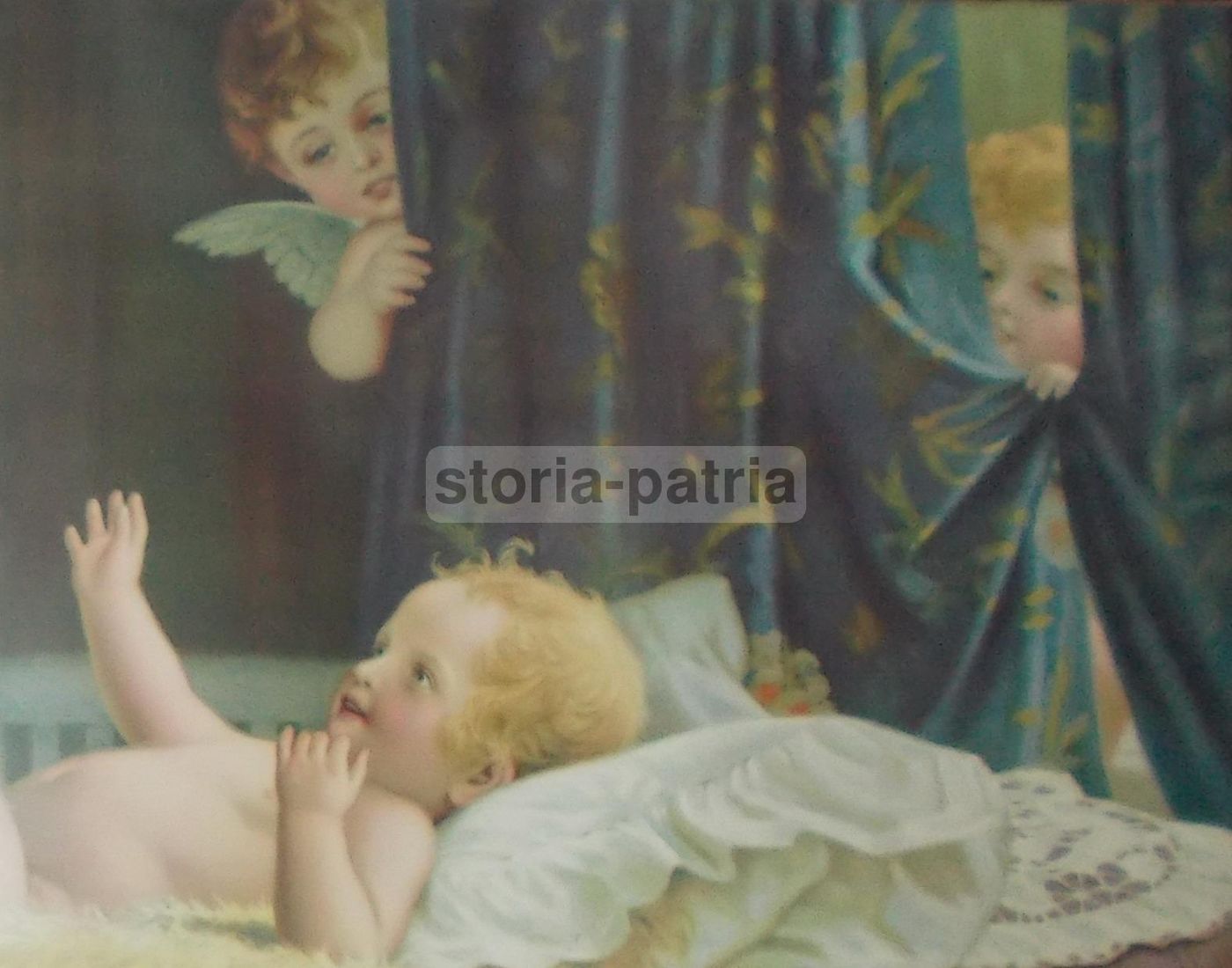 Cromolitografia Maternità, Madre Con Figli E Angeli, Fr. Laubnitz, Circa 1920
