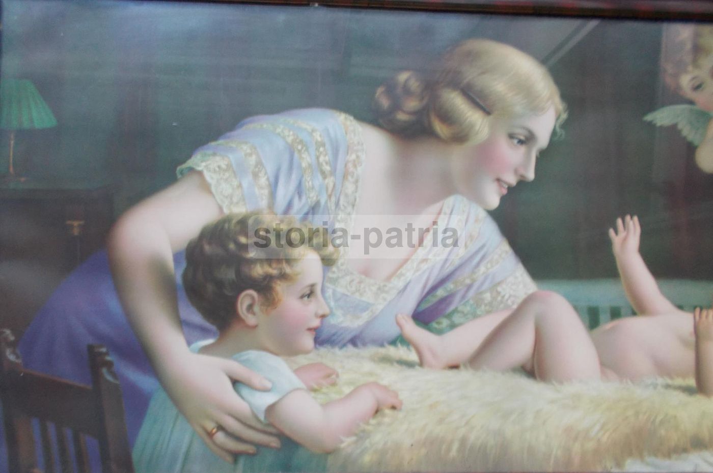 Cromolitografia Maternità, Madre Con Figli E Angeli, Fr. Laubnitz, Circa 1920