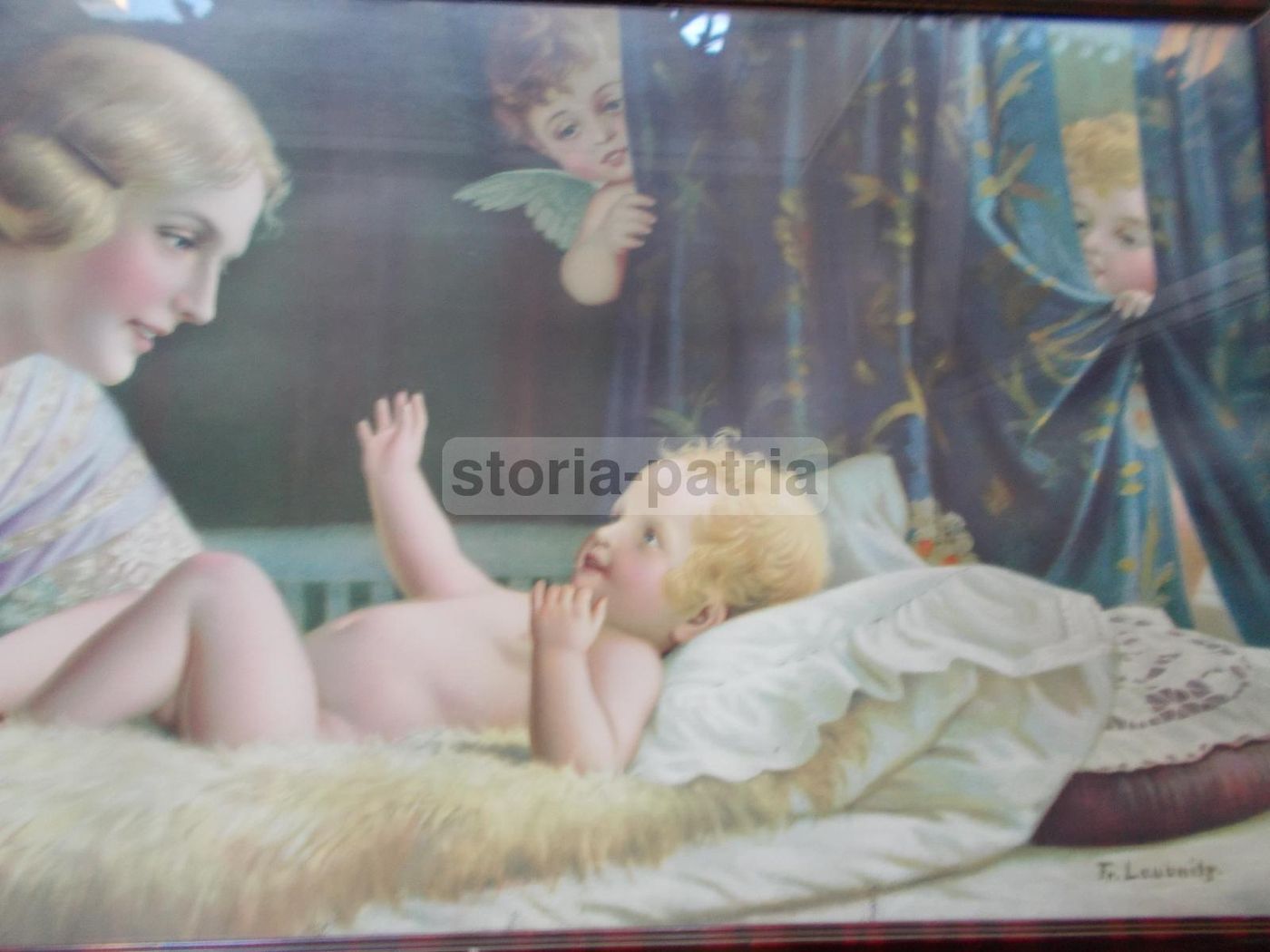 Cromolitografia Maternità, Madre Con Figli E Angeli, Fr. Laubnitz, Circa 1920