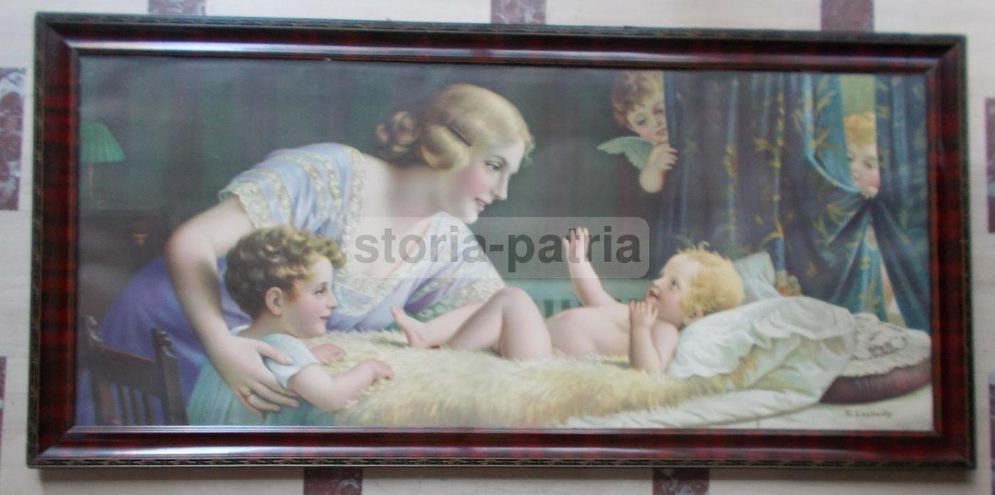 Cromolitografia Maternità, Madre Con Figli E Angeli, Fr. Laubnitz, Circa 1920