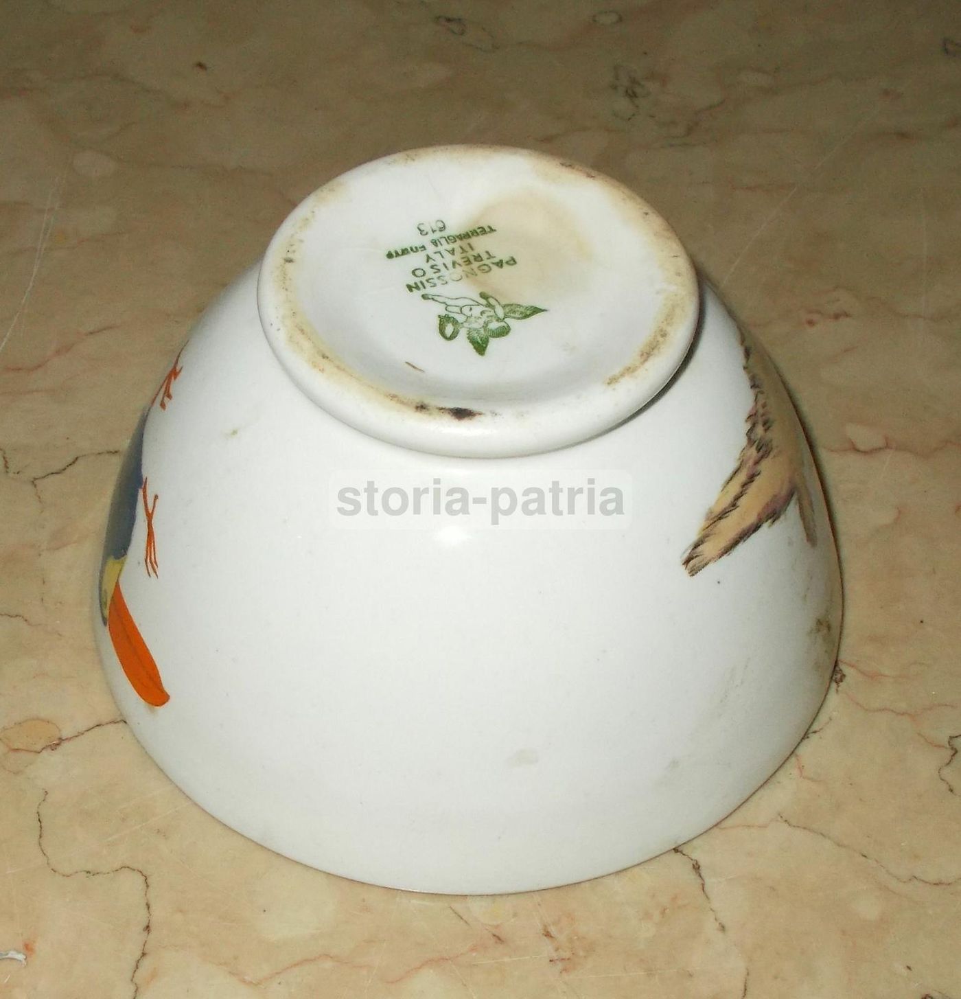 Tazza In Ceramica Pagnossin Treviso Con Decorazioni Di Cane E Tucano, Anni '20