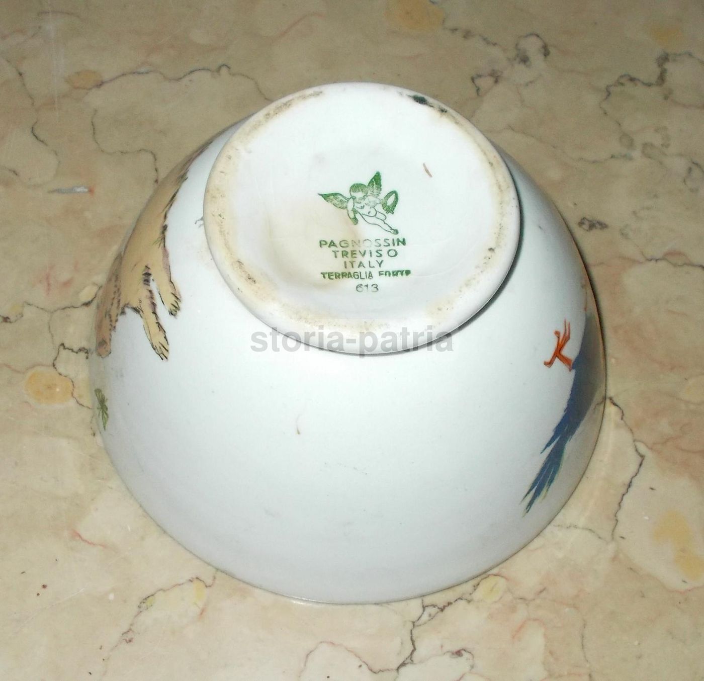 Tazza In Ceramica Pagnossin Treviso Con Decorazioni Di Cane E Tucano, Anni '20