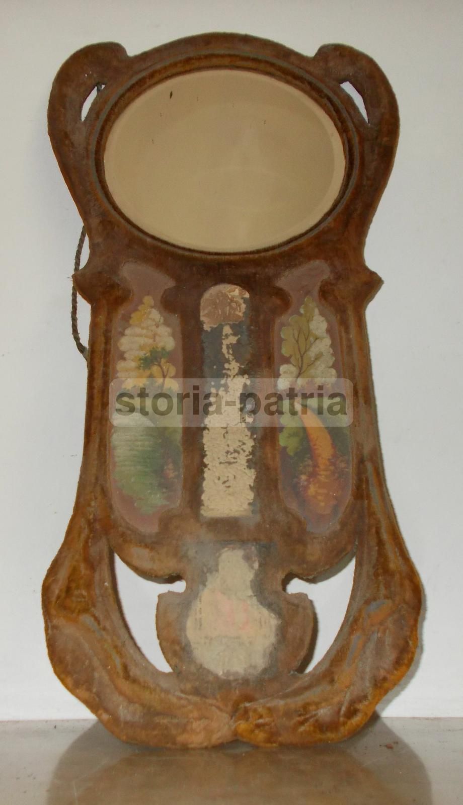 Specchiera Liberty Con Dipinti E Porta Calendario, Circa 1900
