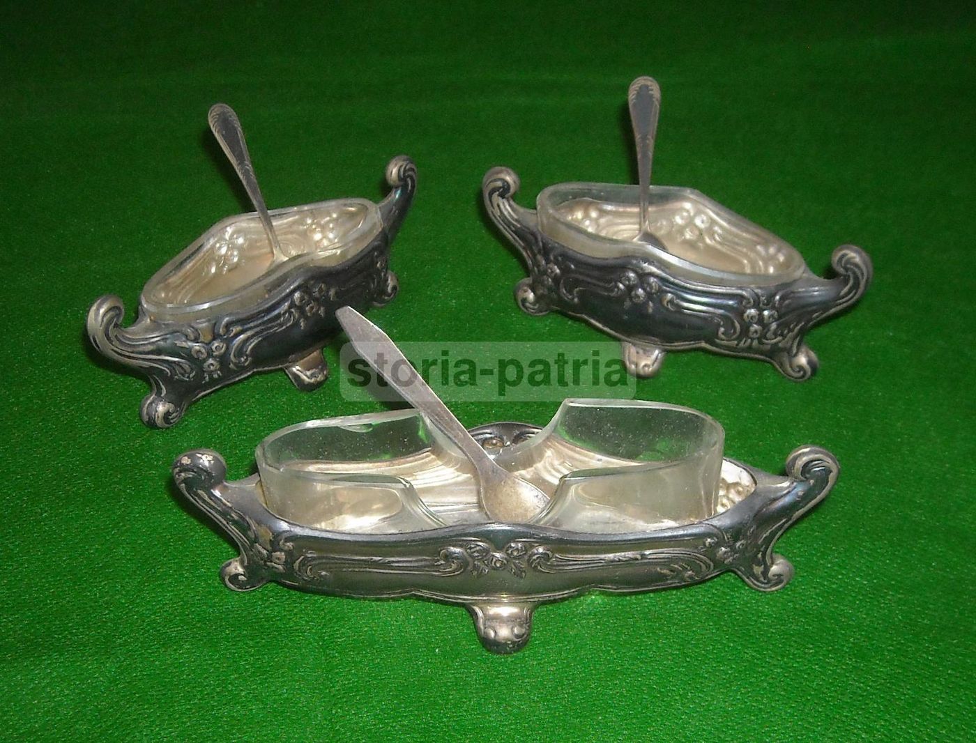 Tris Saliere Antiche In Vetro E Metallo Argentato Liberty