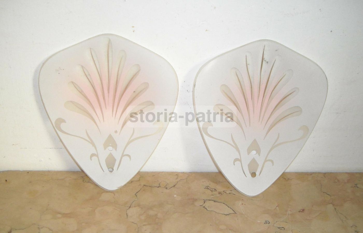 Coppia Di Coppe In Vetro Satinato Per Lampada Con Decori Floreali, Metà Del '900