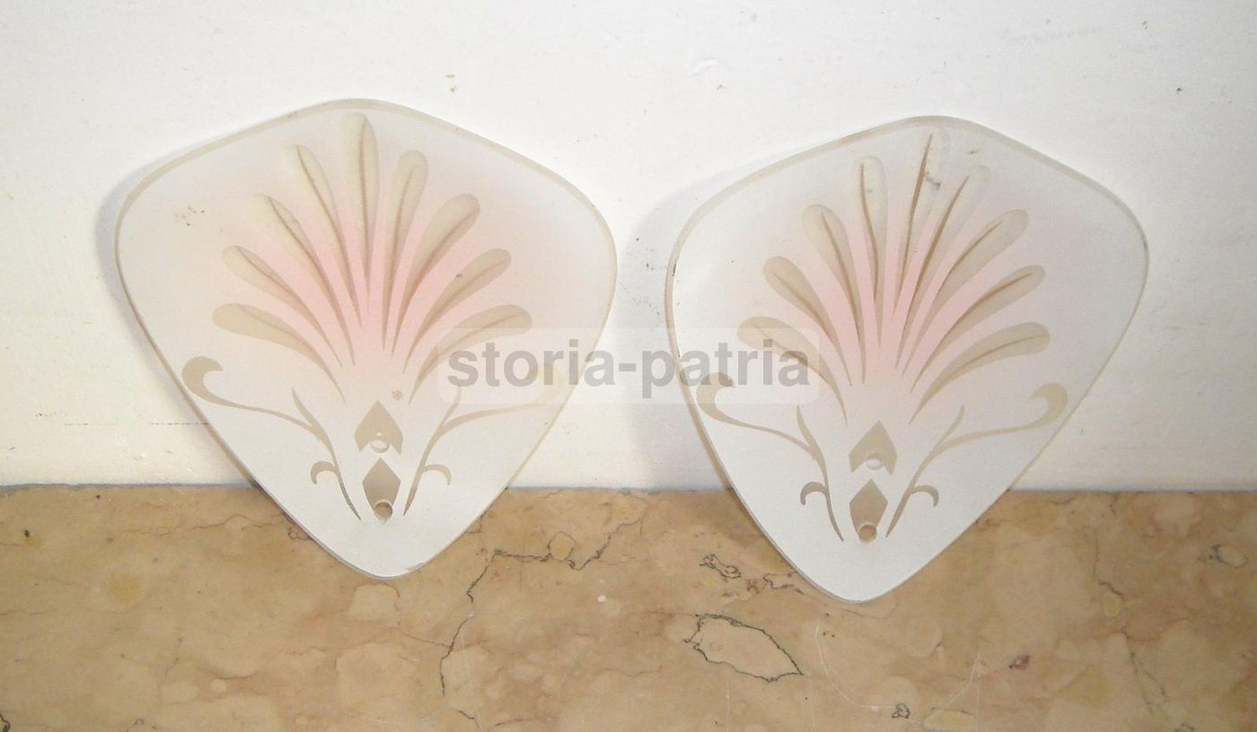 Coppia Di Coppe In Vetro Satinato Per Lampada Con Decori Floreali, Metà Del '900
