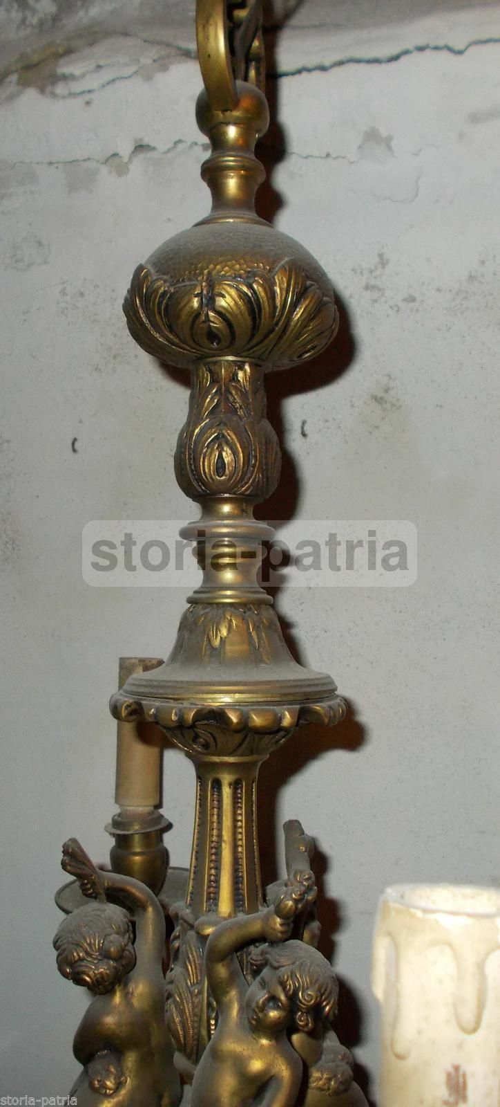 Lampadario Antico In Ottone Con Puttini, Anni '30