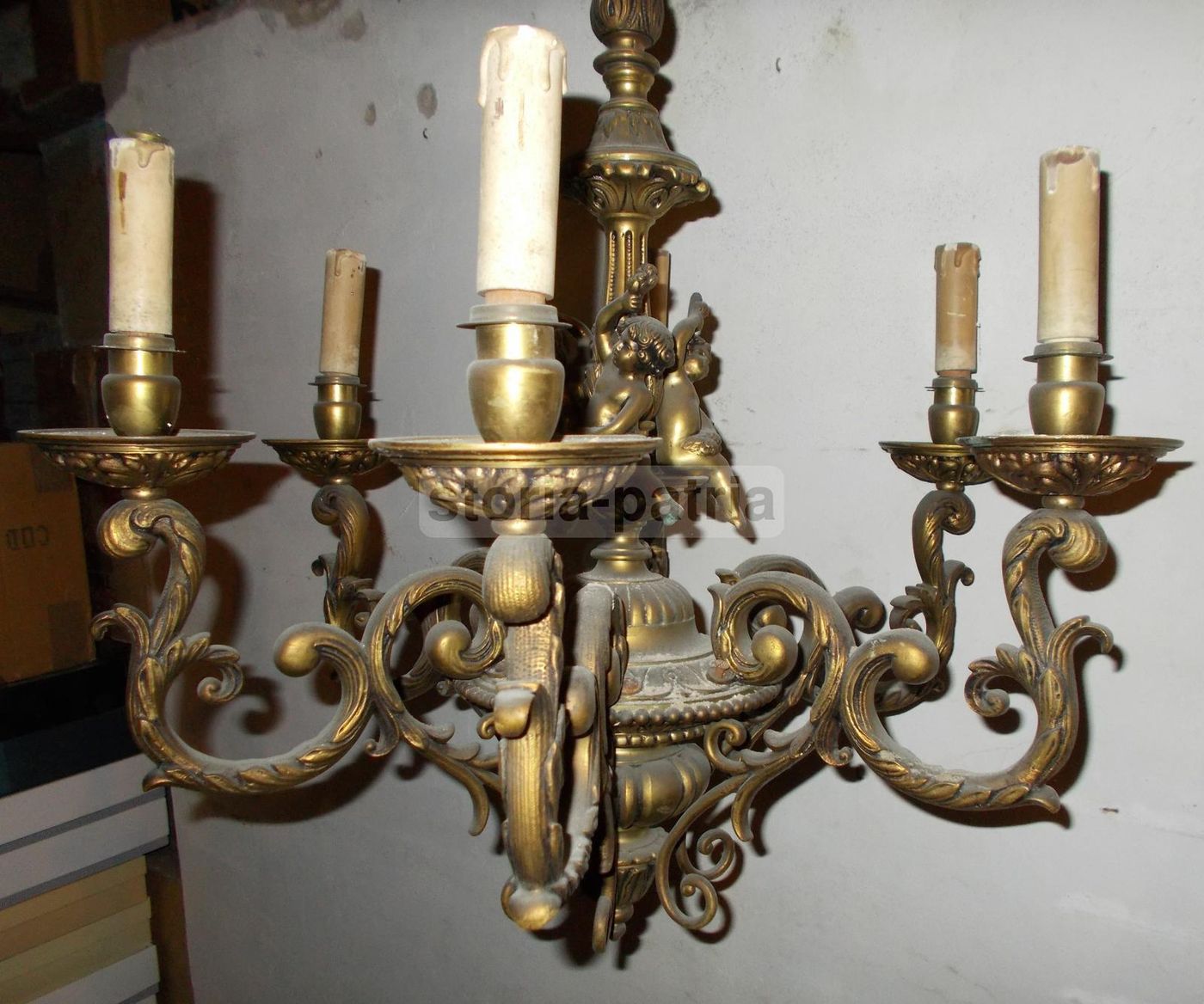 Lampadario Antico In Ottone Con Puttini, Anni '30