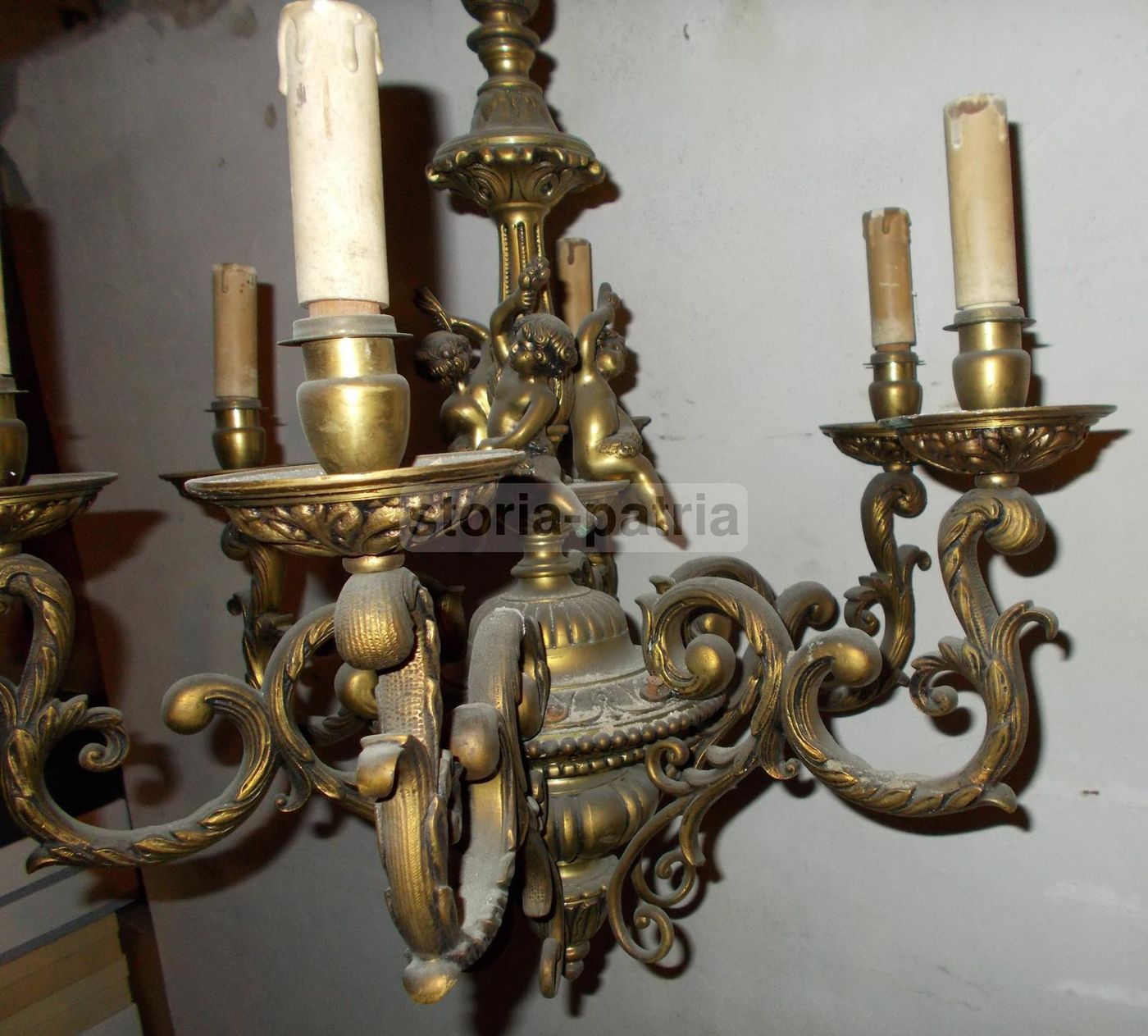 Lampadario Antico In Ottone Con Puttini, Anni '30
