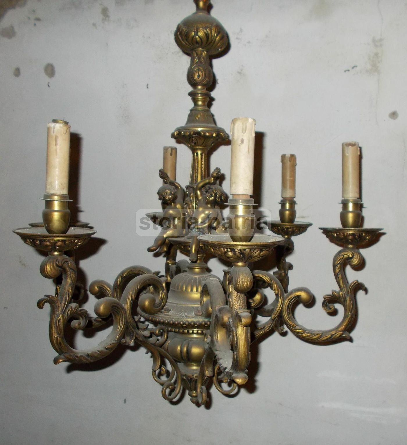 Lampadario Antico In Ottone Con Puttini, Anni '30