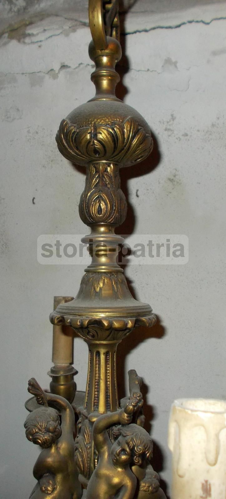 Lampadario Antico In Ottone Con Puttini, Anni '30