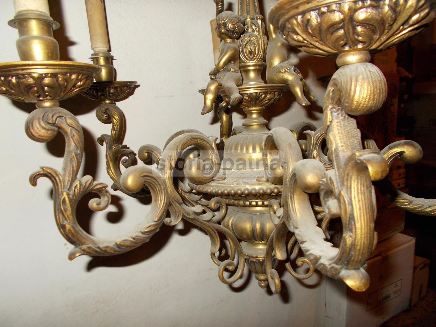 Lampadario Antico In Ottone Con Puttini, Anni '30