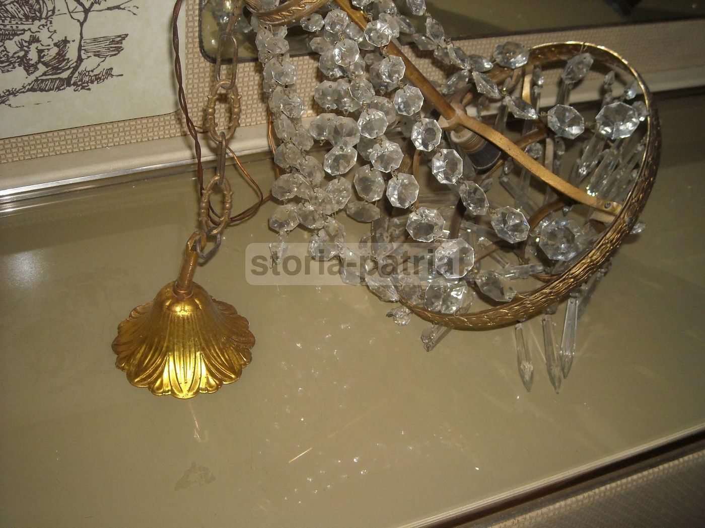 Lampadario Antico In Ottone Dorato Con Vetri E Prismi, Anni '900