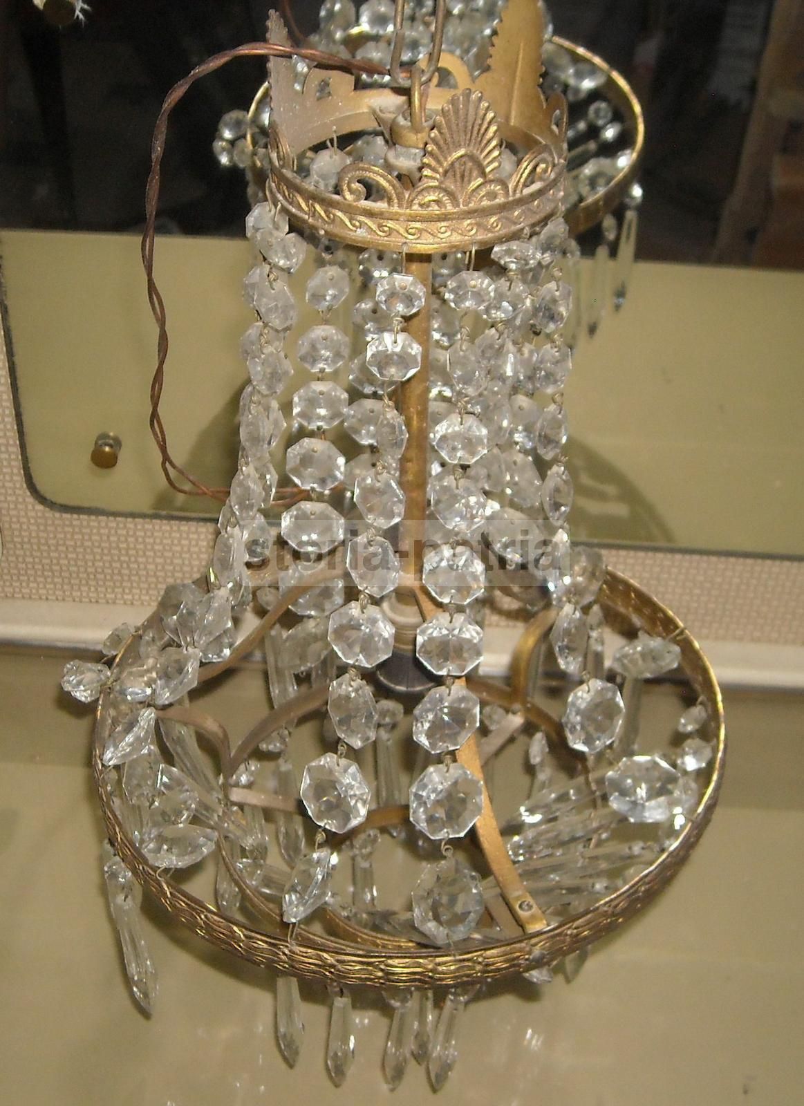 Lampadario Antico In Ottone Dorato Con Vetri E Prismi, Anni '900