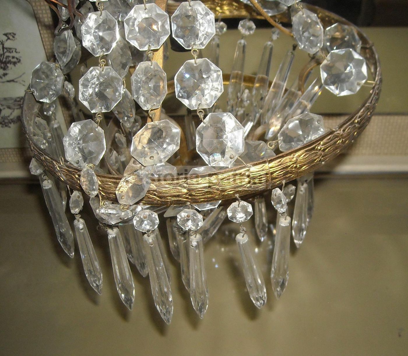 Lampadario Antico In Ottone Dorato Con Vetri E Prismi, Anni '900