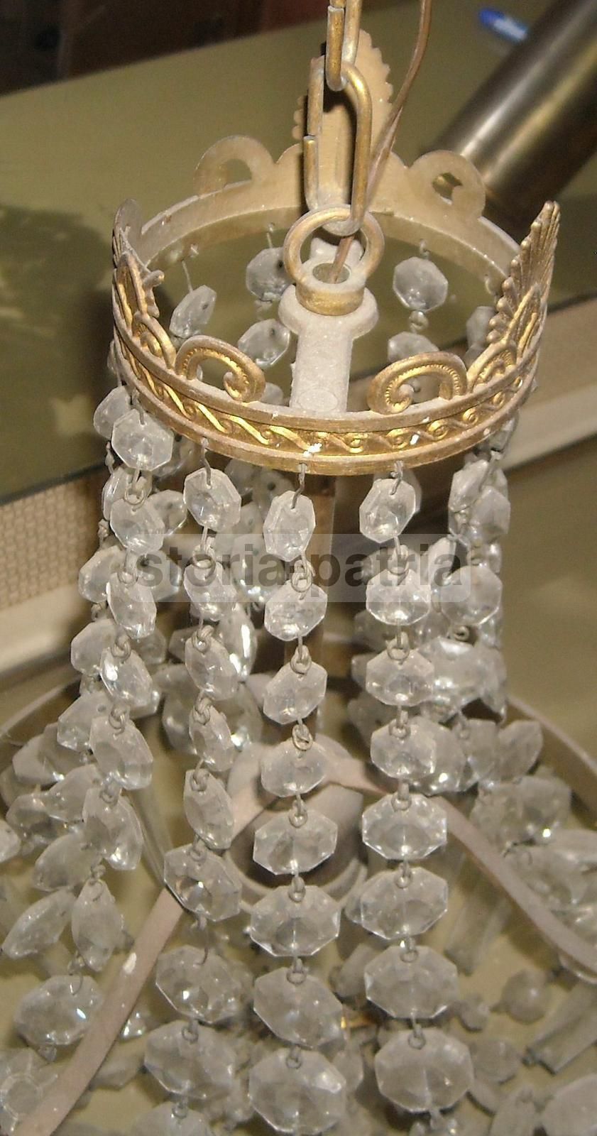 Lampadario Vintage In Ottone Dorato Con Vetri E Prismi, Anni '900