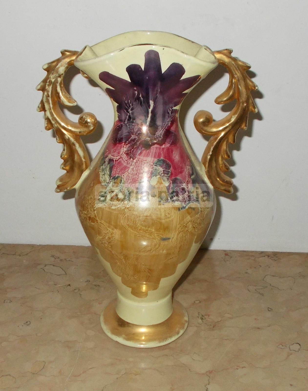 Vaso Decorativo In Ceramica Con Manici Dorati Italiano Anni '50