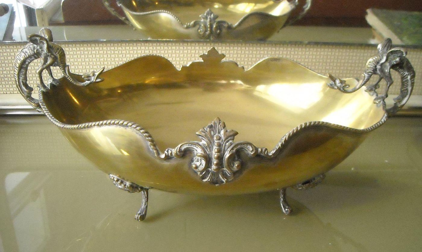 Vassoio d'Epoca Con Manici A Drago In Ottone Argentato, Anni '30