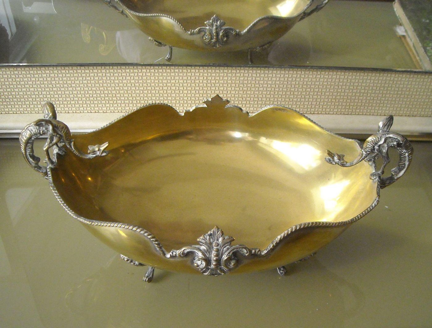 Vassoio d'Epoca Con Manici A Drago In Ottone Argentato, Anni '30