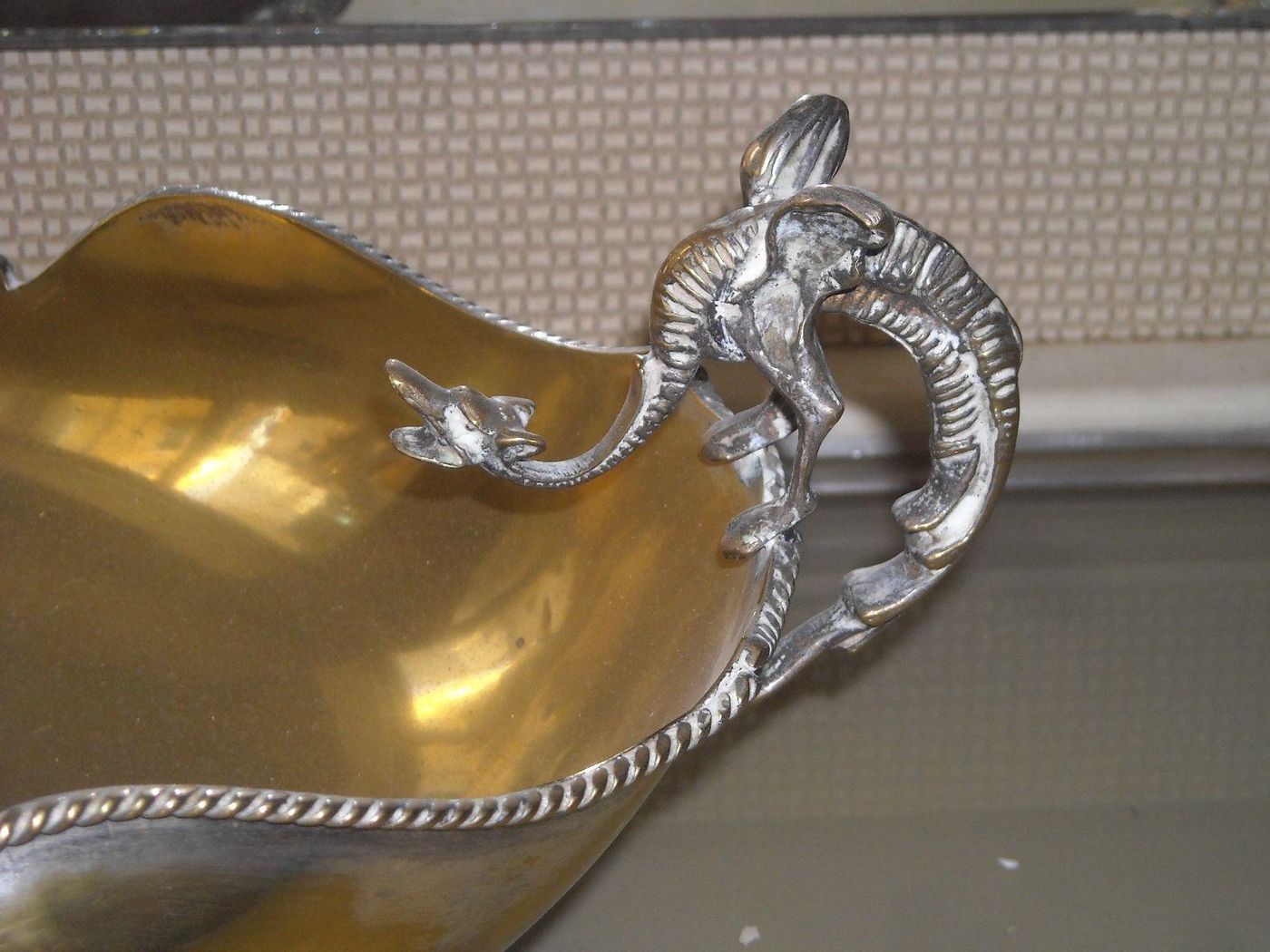 Vassoio d'Epoca Con Manici A Drago In Ottone Argentato, Anni '30