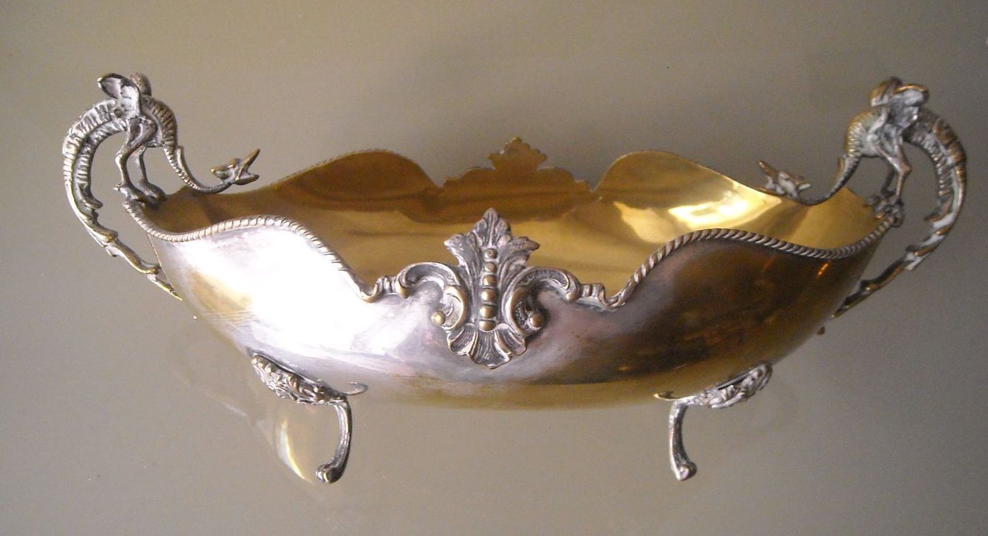 Vassoio d'Epoca Con Manici A Drago In Ottone Argentato, Anni '30