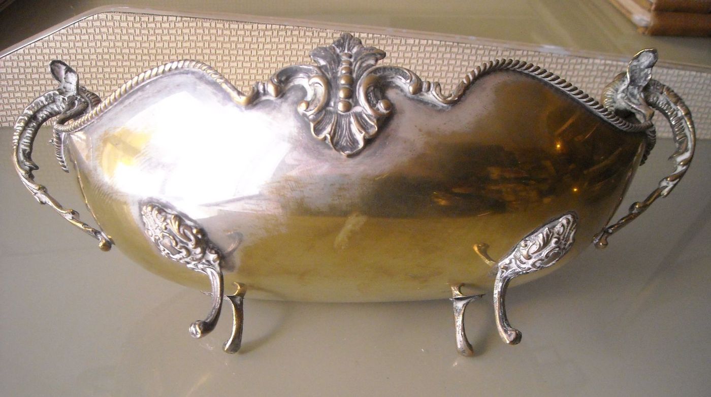 Vassoio d'Epoca Con Manici A Drago In Ottone Argentato, Anni '30