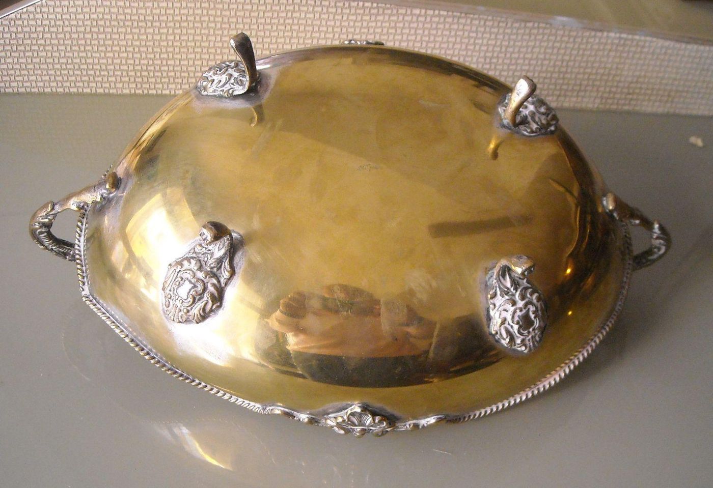 Vassoio d'Epoca Con Manici A Drago In Ottone Argentato, Anni '30