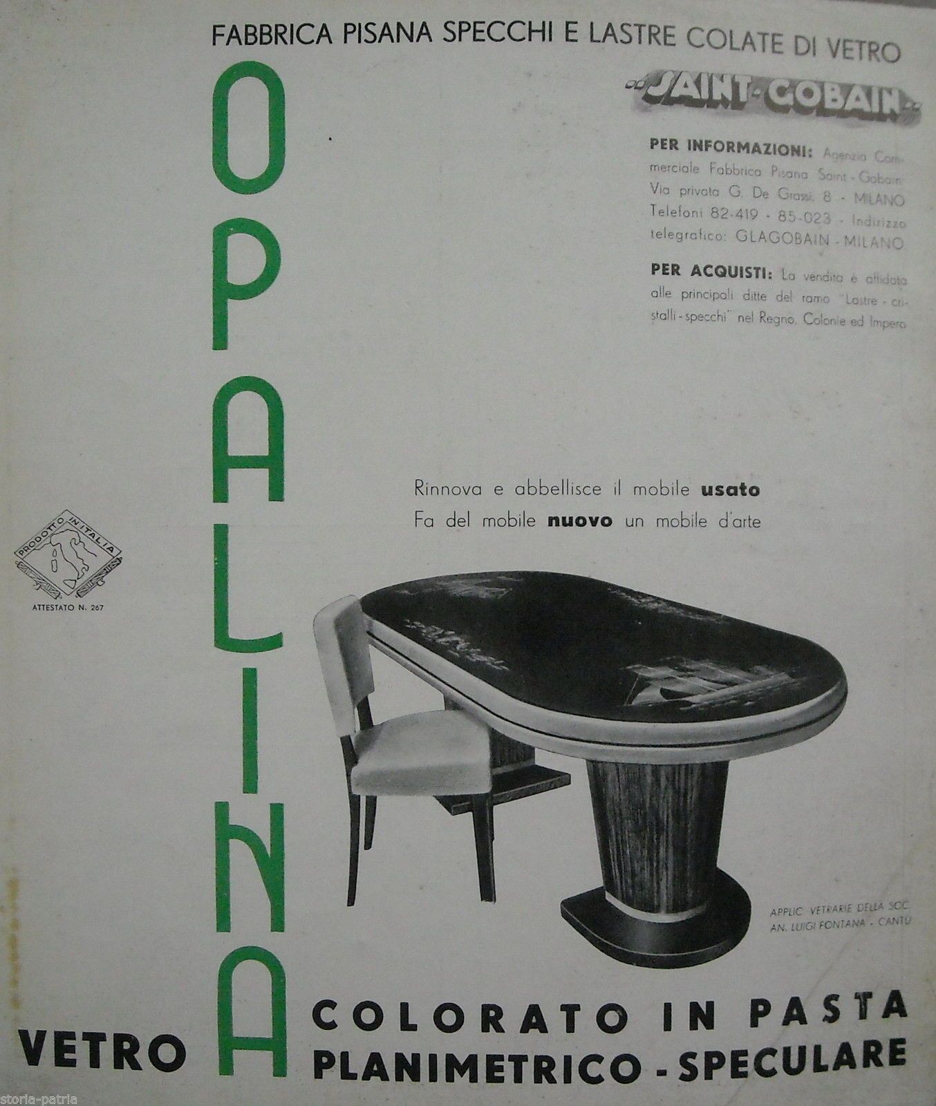 Pubblicità Saint Gobain Opalina, Tavolo Fontana Cantù, 1938